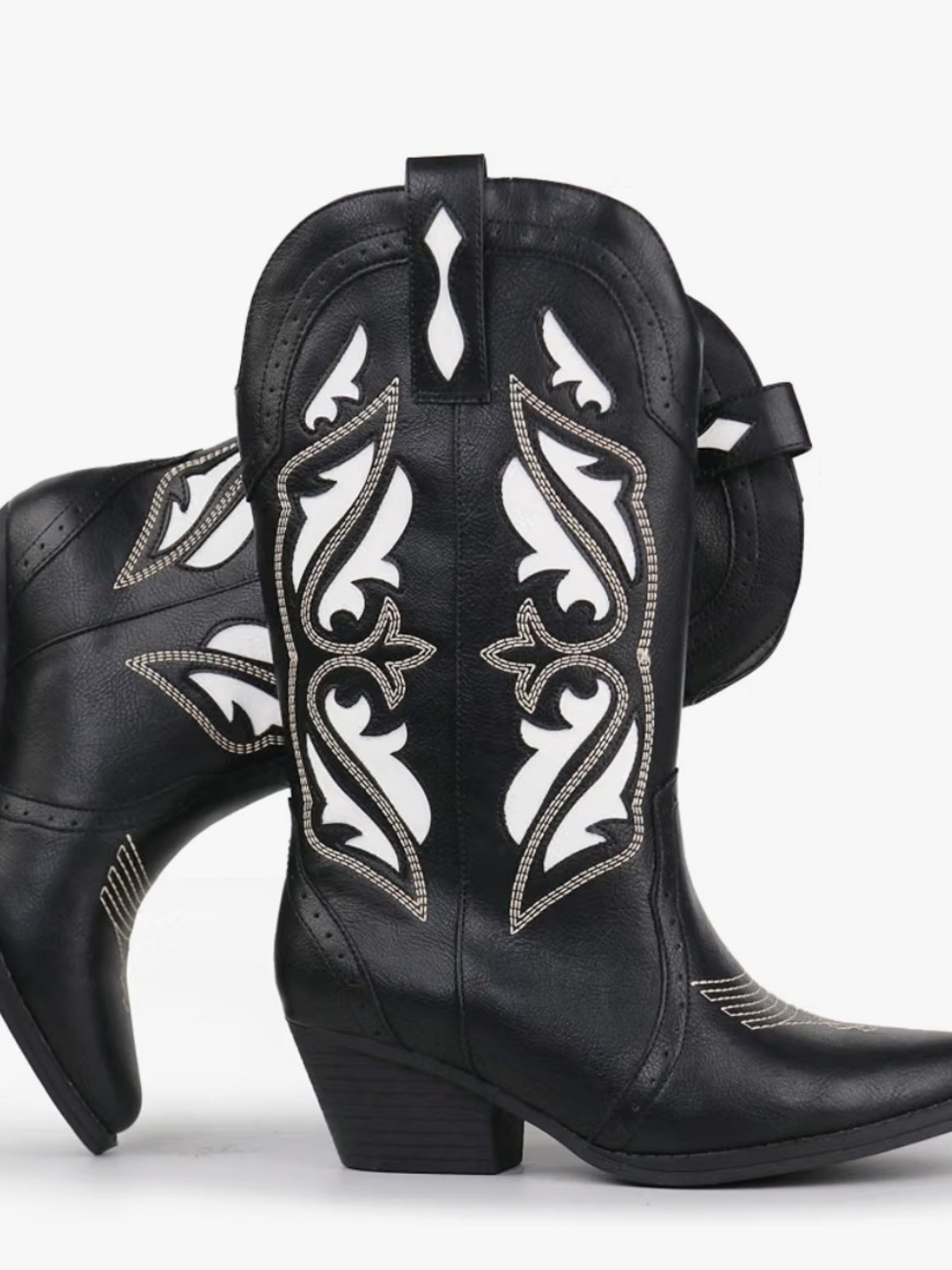 Hawkwell Black Western Ankle Boots with White Inlay